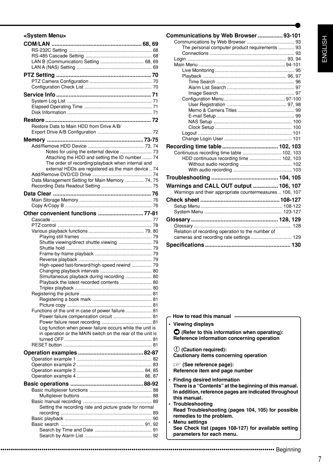 Mitsubishi Electronics DX-TL5000E System Menu, 73-75, 77-81, 82-87, 88-92, 93-101, 102, 104, 106, 108-127, 128, 130 