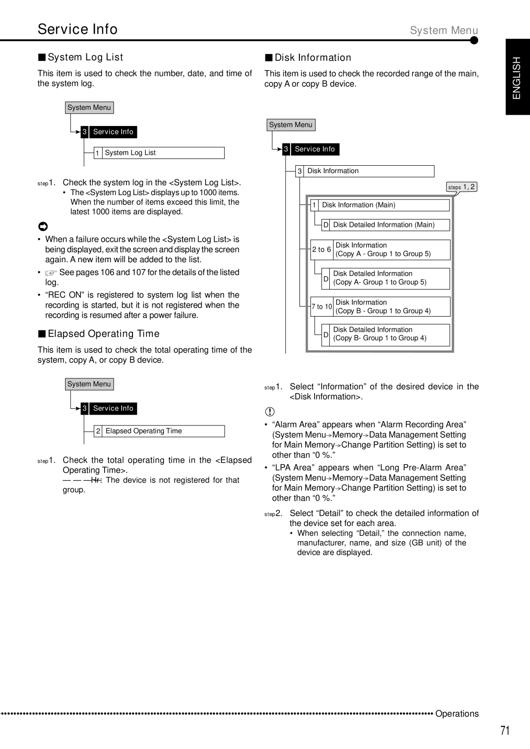 Mitsubishi Electronics DX-TL5000E instruction manual Service Info, System Log List Disk Information, Elapsed Operating Time 