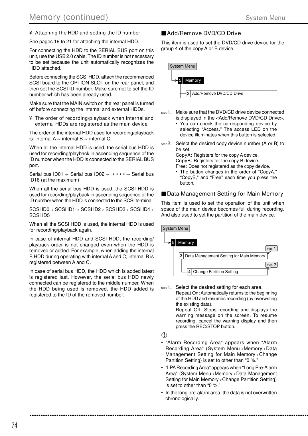 Mitsubishi Electronics DX-TL5000E instruction manual Add/Remove DVD/CD Drive, Data Management Setting for Main Memory 