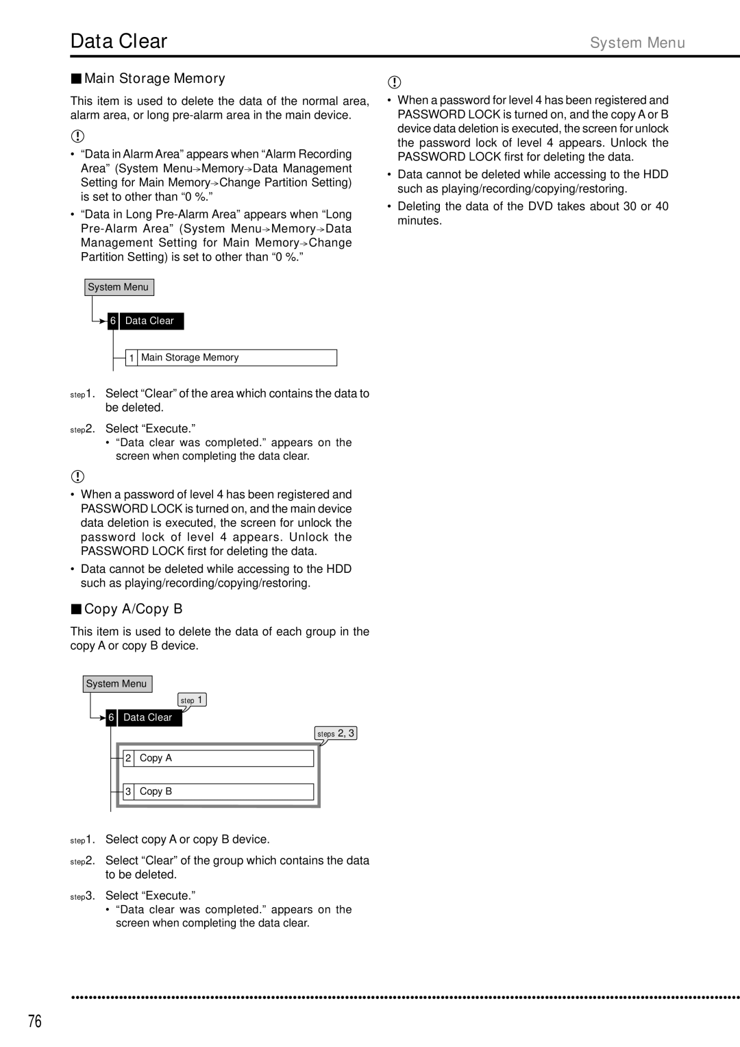 Mitsubishi Electronics DX-TL5000E instruction manual Data Clear, Main Storage Memory, Copy A/Copy B 