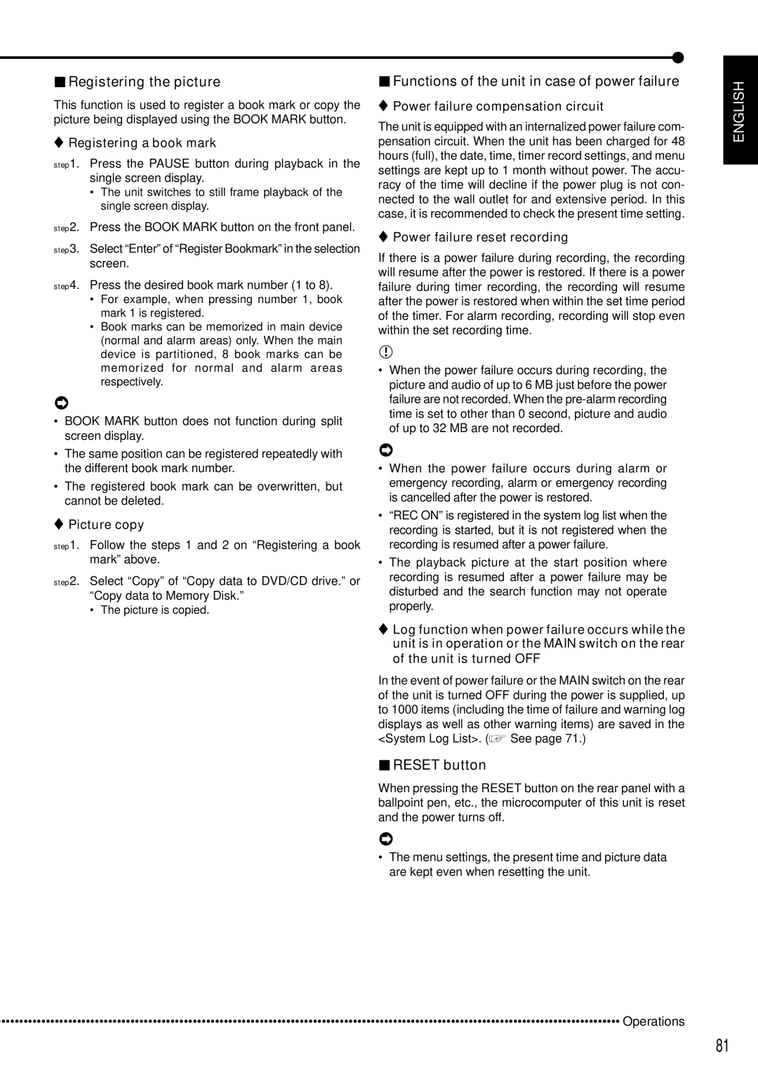 Mitsubishi Electronics DX-TL5000E Registering the picture, Functions of the unit in case of power failure 