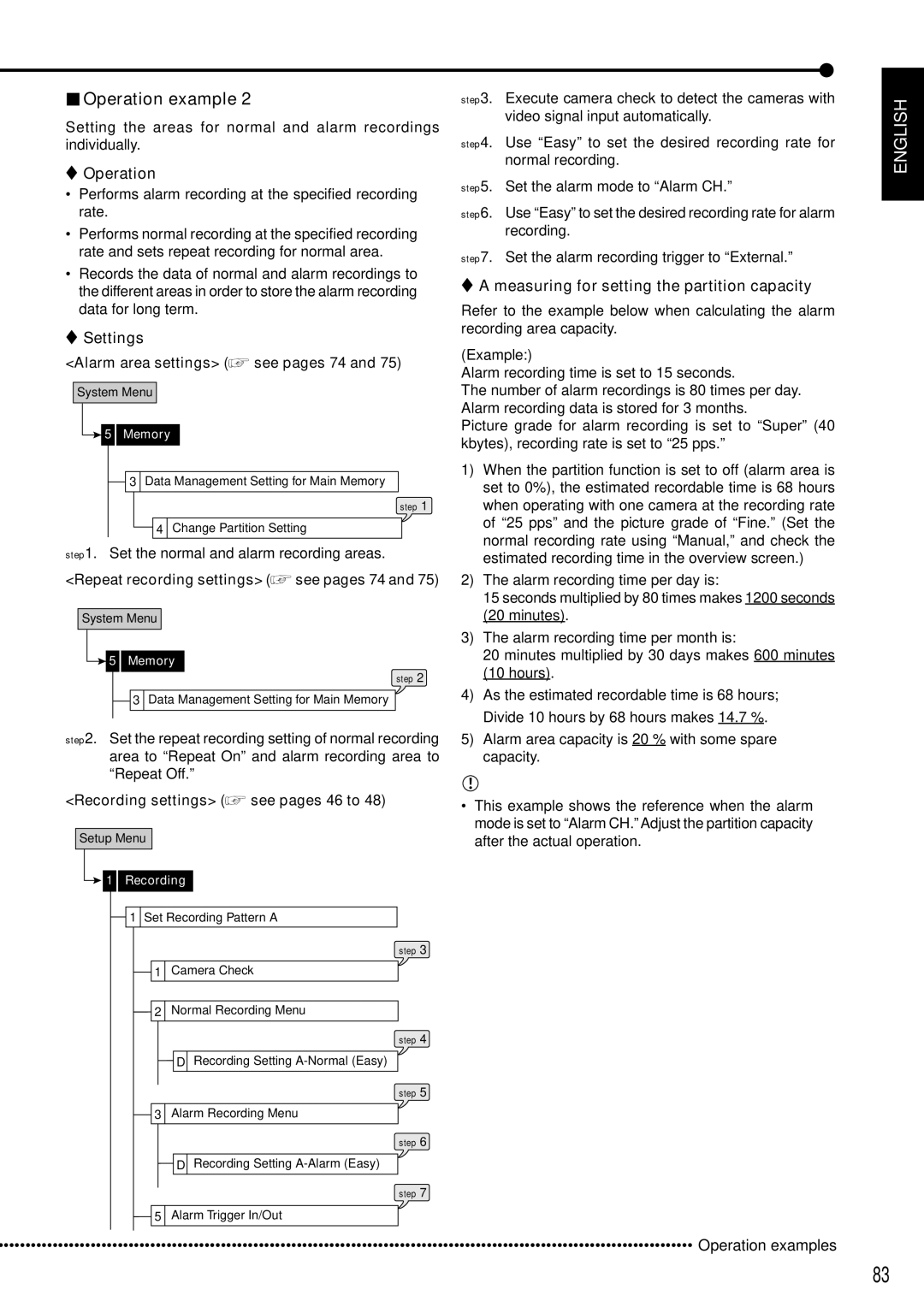 Mitsubishi Electronics DX-TL5000E Settings Alarm area settings see pages 74, Repeat recording settings see pages 74 