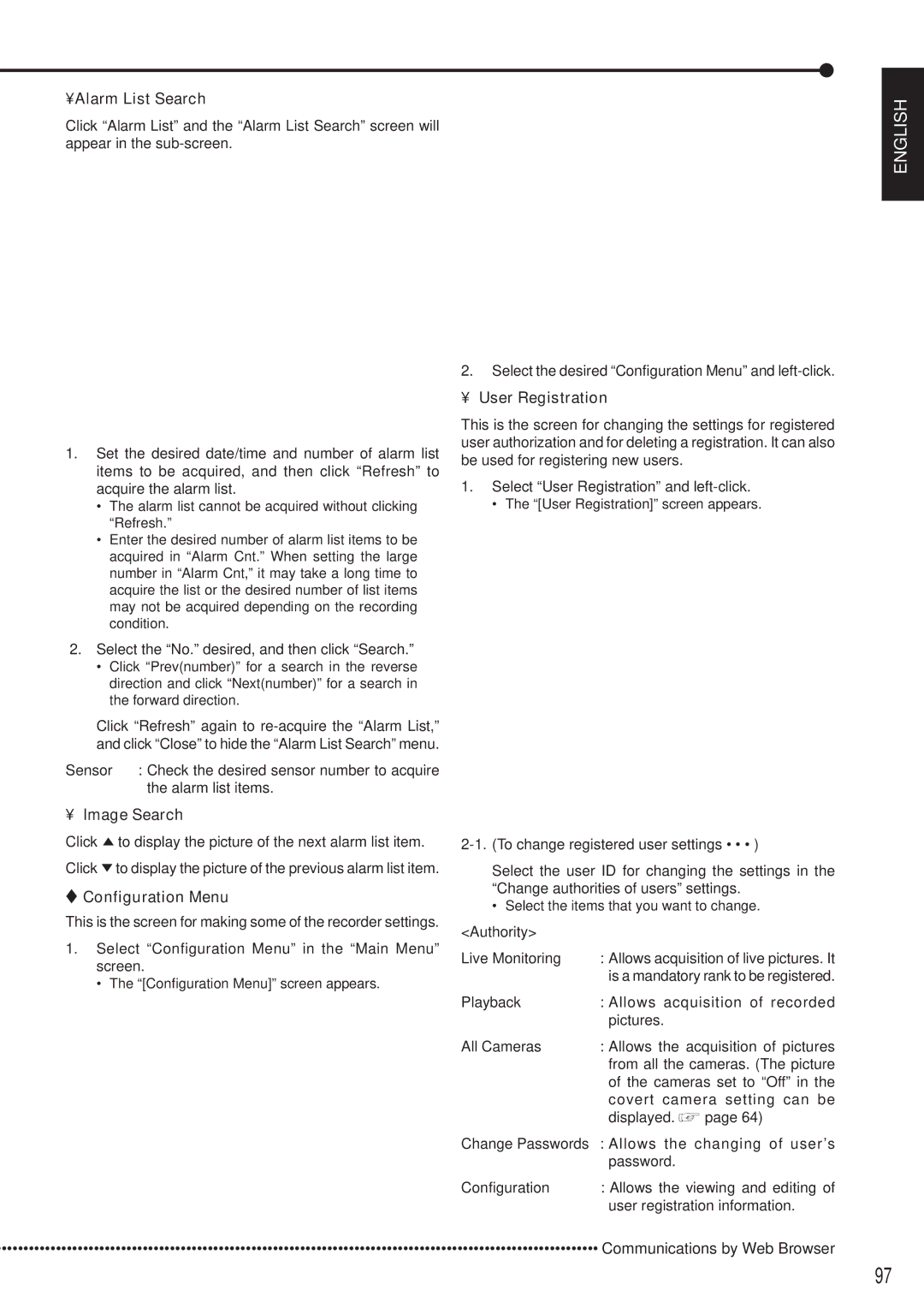 Mitsubishi Electronics DX-TL5000E instruction manual Alarm List Search, User Registration, Image Search, Configuration Menu 