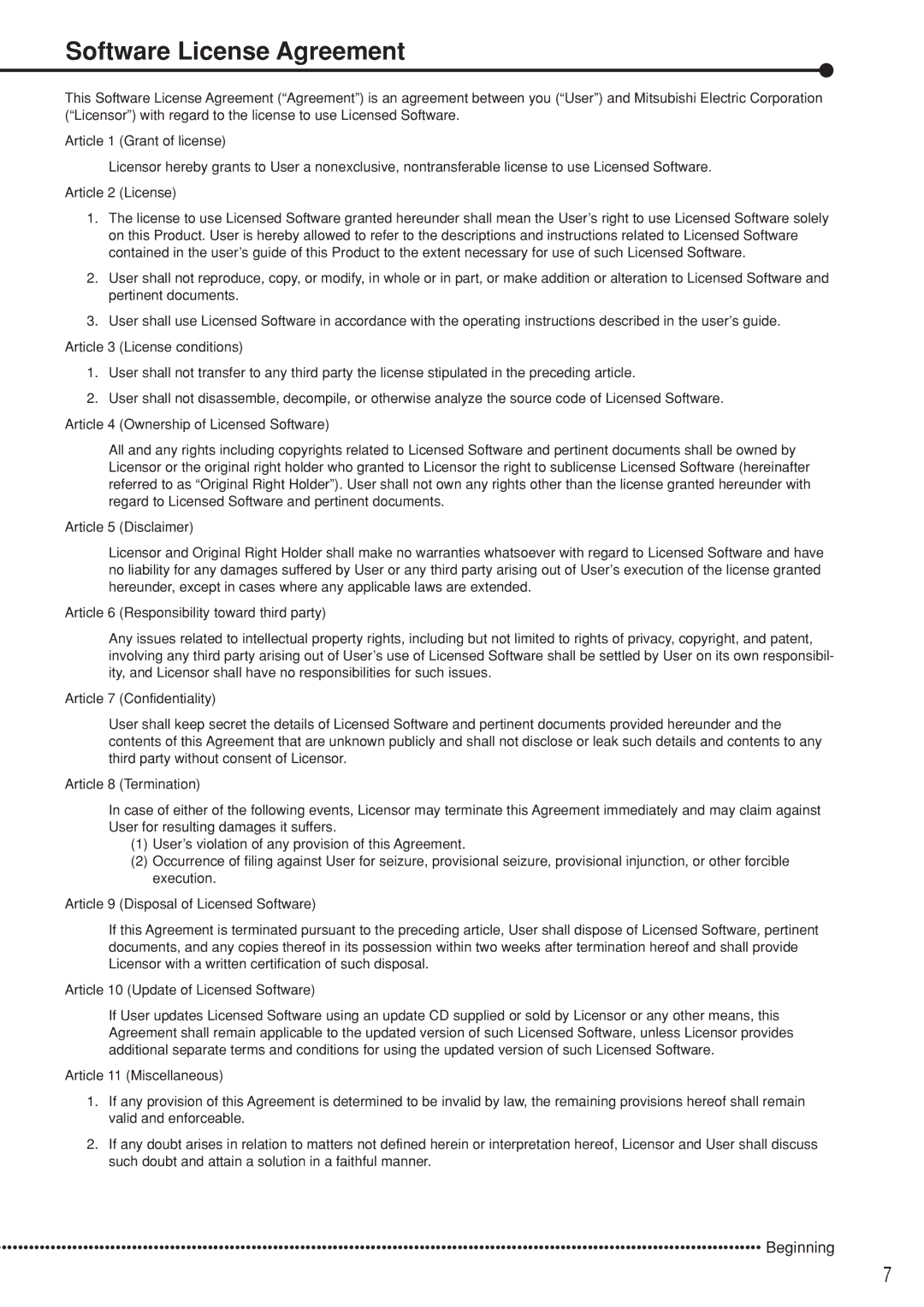 Mitsubishi Electronics DX-TL5000U user manual Software License Agreement 