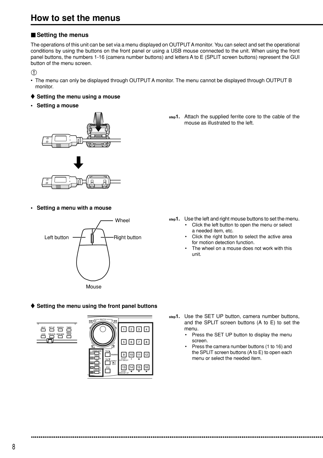 Mitsubishi Electronics DX-TL5000U How to set the menus, Setting the menus, Setting the menu using a mouse Setting a mouse 