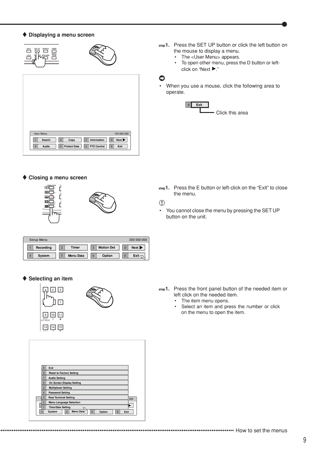 Mitsubishi Electronics DX-TL5000U user manual Displaying a menu screen, Closing a menu screen, Selecting an item 