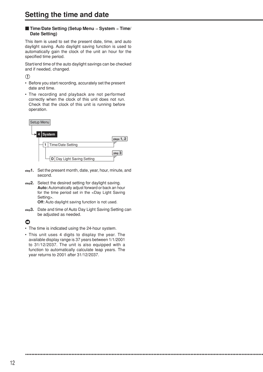 Mitsubishi Electronics DX-TL5000U Setting the time and date, Time/Date Setting Setup Menu System Time/ Date Setting 