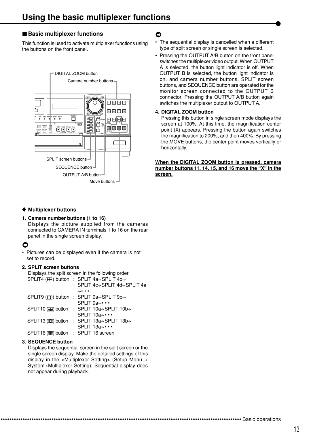 Mitsubishi Electronics DX-TL5000U Using the basic multiplexer functions, Basic multiplexer functions, Digital Zoom button 