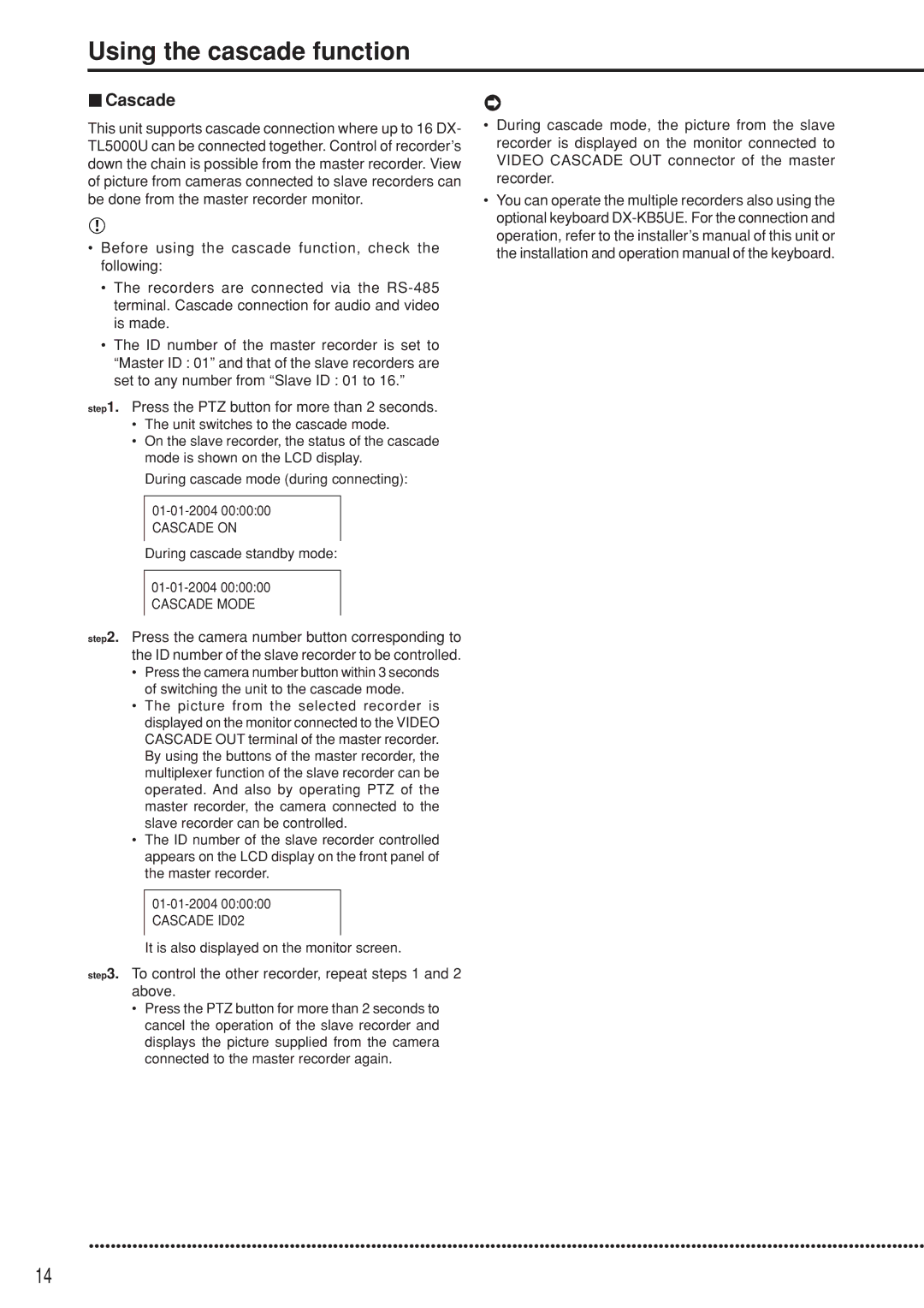 Mitsubishi Electronics DX-TL5000U user manual Using the cascade function, Cascade 