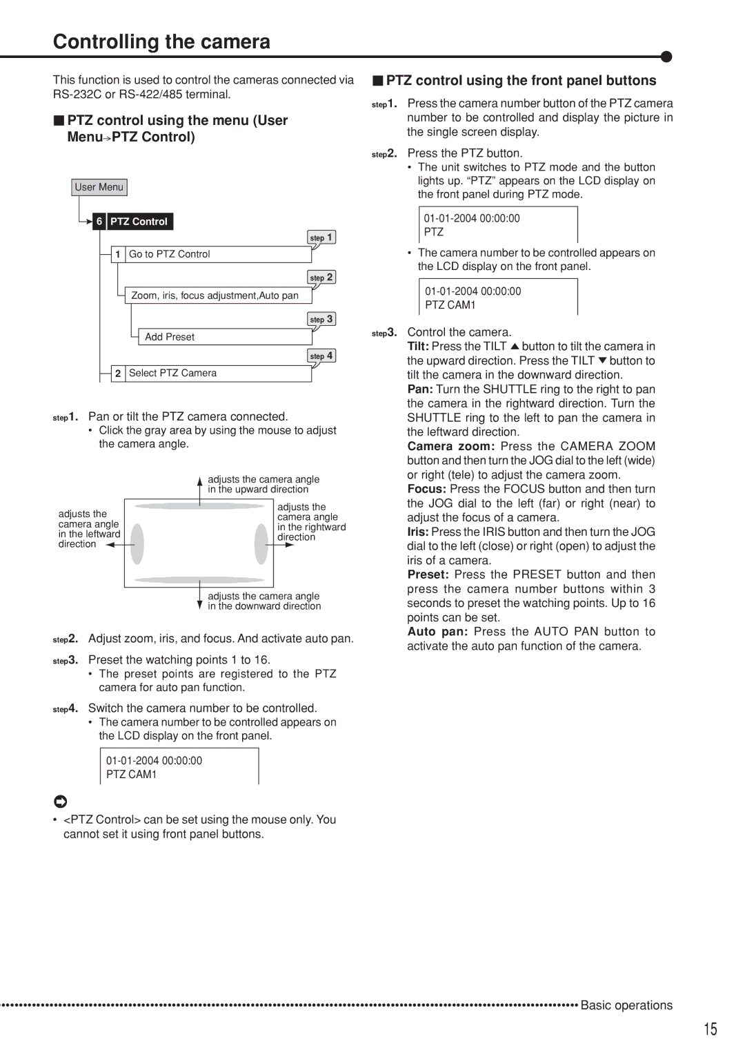 Mitsubishi Electronics DX-TL5000U user manual Controlling the camera, PTZ control using the menu User Menu PTZ Control 