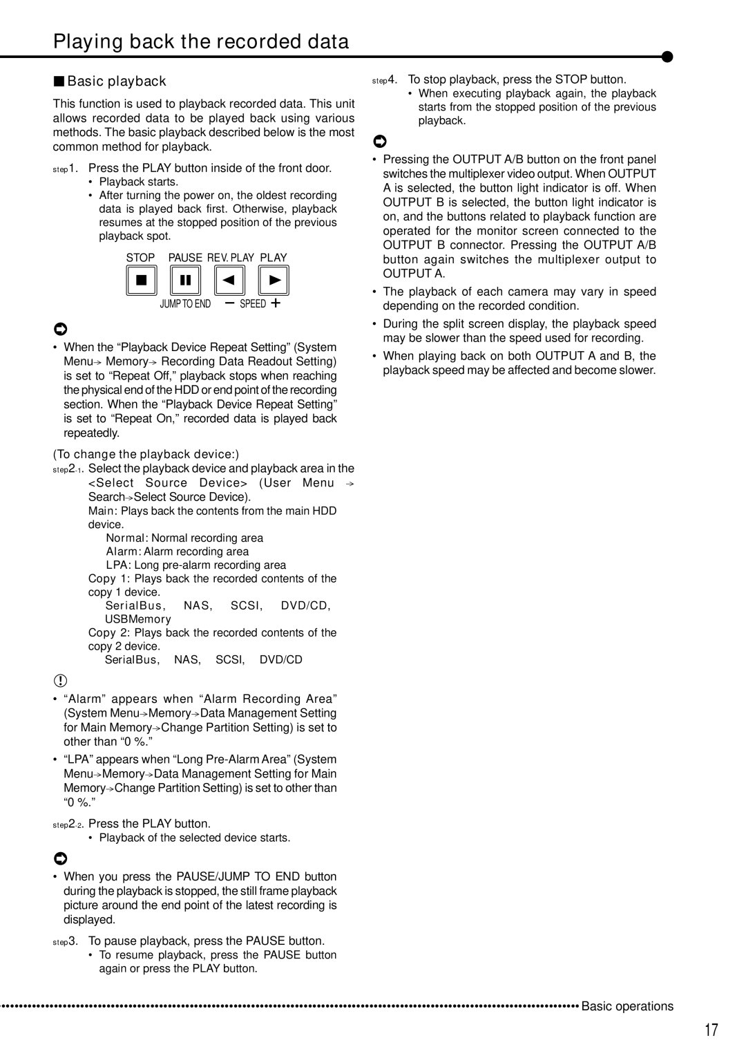 Mitsubishi Electronics DX-TL5000U user manual Playing back the recorded data, Basic playback, To change the playback device 