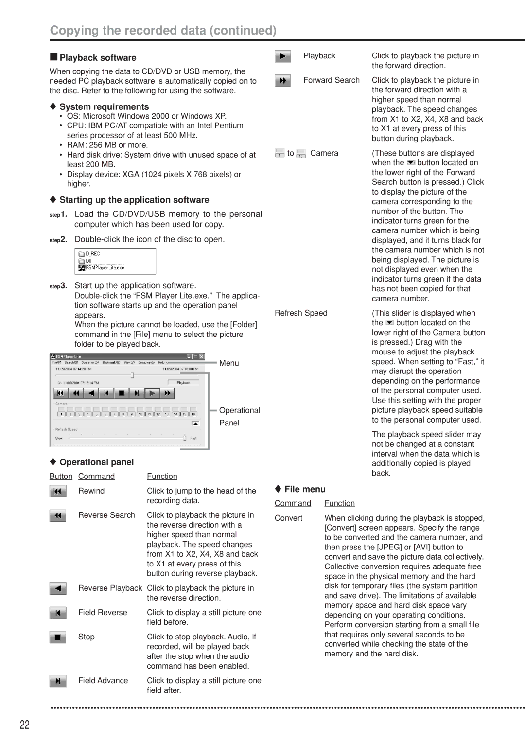 Mitsubishi Electronics DX-TL5000U Playback software, System requirements, Starting up the application software, File menu 