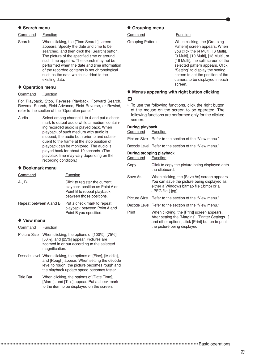 Mitsubishi Electronics DX-TL5000U user manual Search menu, Operation menu, Bookmark menu, View menu, Grouping menu 