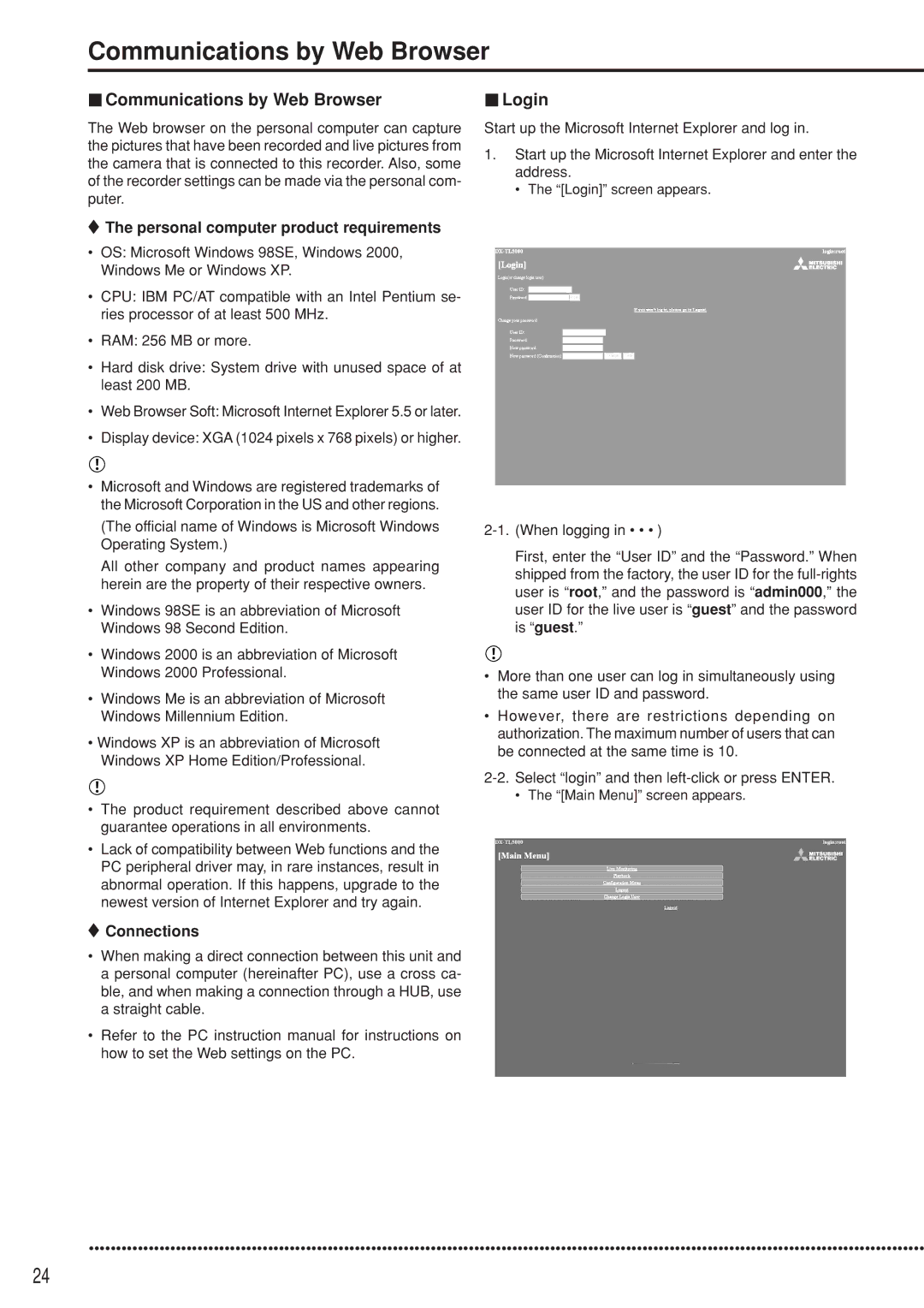 Mitsubishi Electronics DX-TL5000U user manual Communications by Web Browser, Login, Personal computer product requirements 