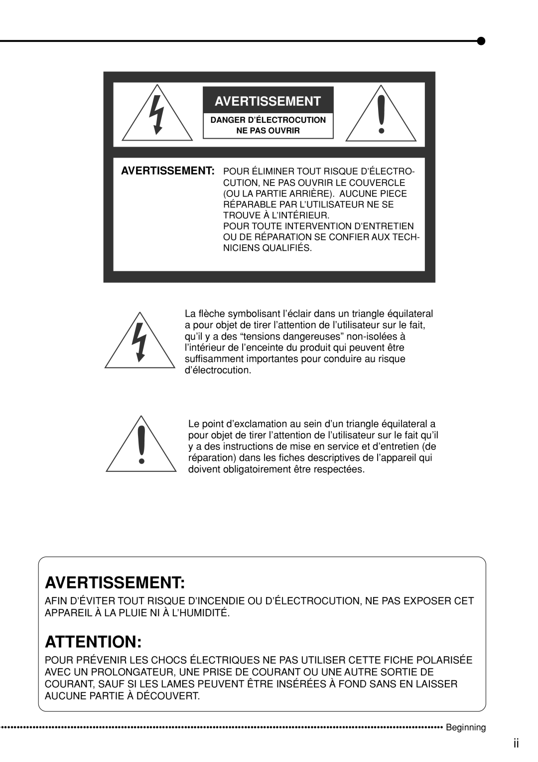 Mitsubishi Electronics DX-TL5000U user manual Avertissement, Beginning 