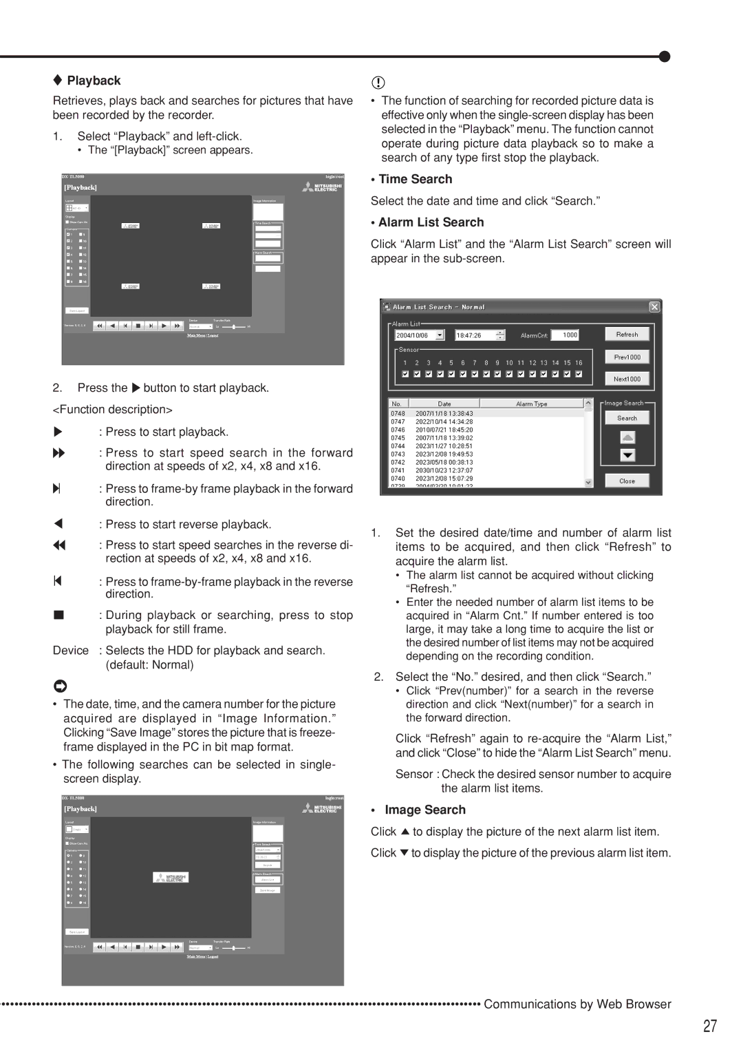 Mitsubishi Electronics DX-TL5000U user manual Playback, Time Search, Alarm List Search, Image Search 