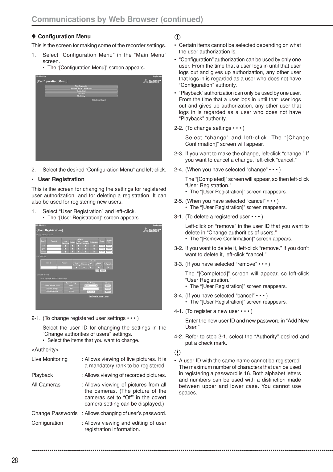 Mitsubishi Electronics DX-TL5000U user manual Configuration Menu, User Registration 