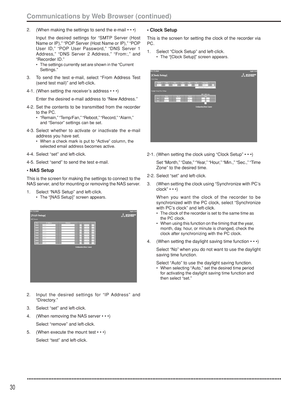 Mitsubishi Electronics DX-TL5000U user manual Clock Setup, Select NAS Setup and left-click 