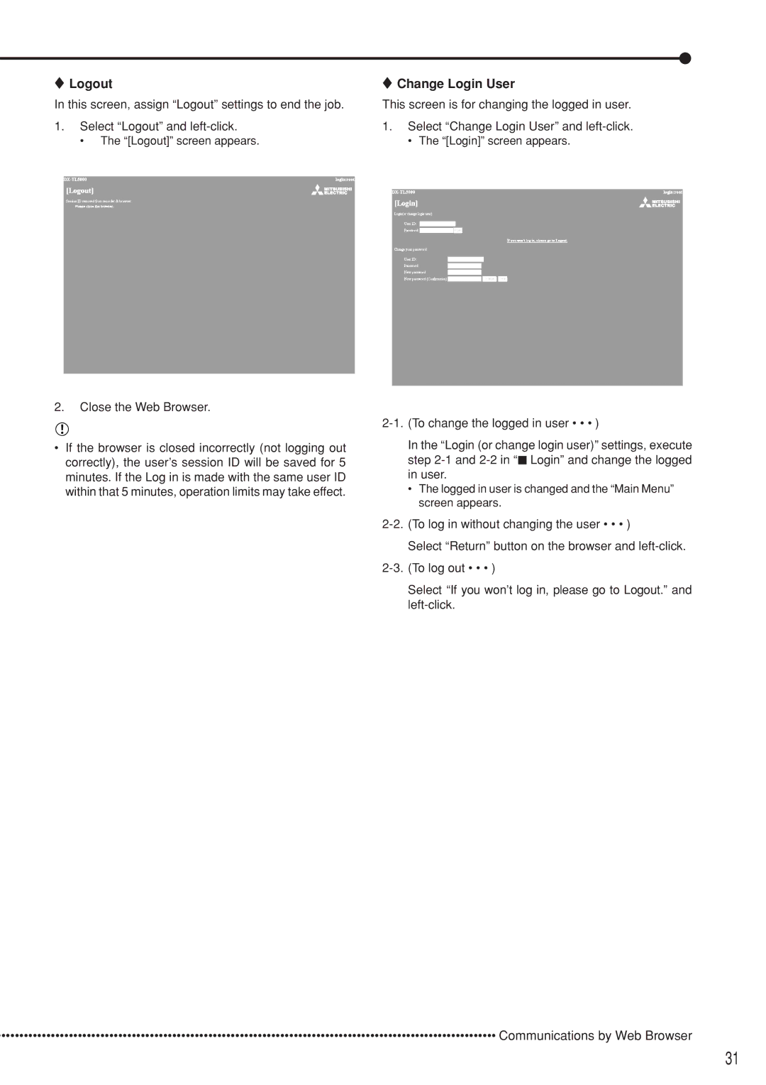 Mitsubishi Electronics DX-TL5000U user manual Logout, Close the Web Browser, Change Login User 