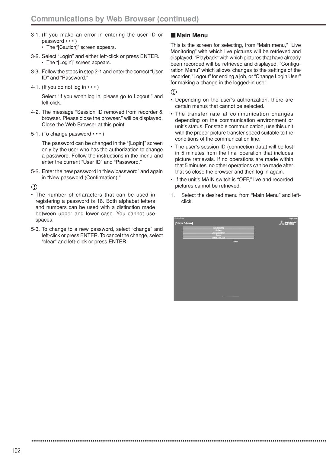 Mitsubishi Electronics DX-TL5000U instruction manual 102, Main Menu 