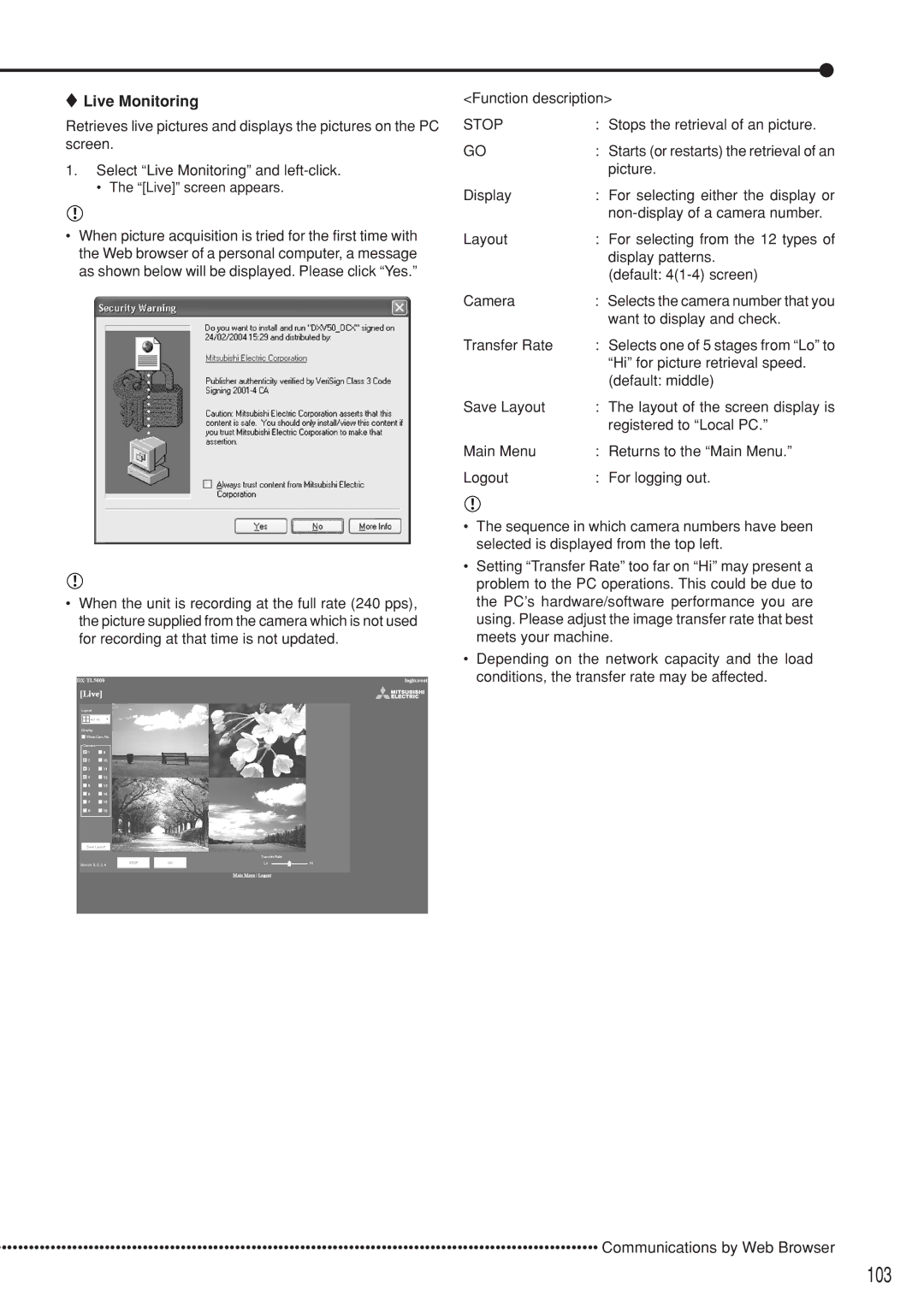 Mitsubishi Electronics DX-TL5000U instruction manual 103, Live Monitoring 