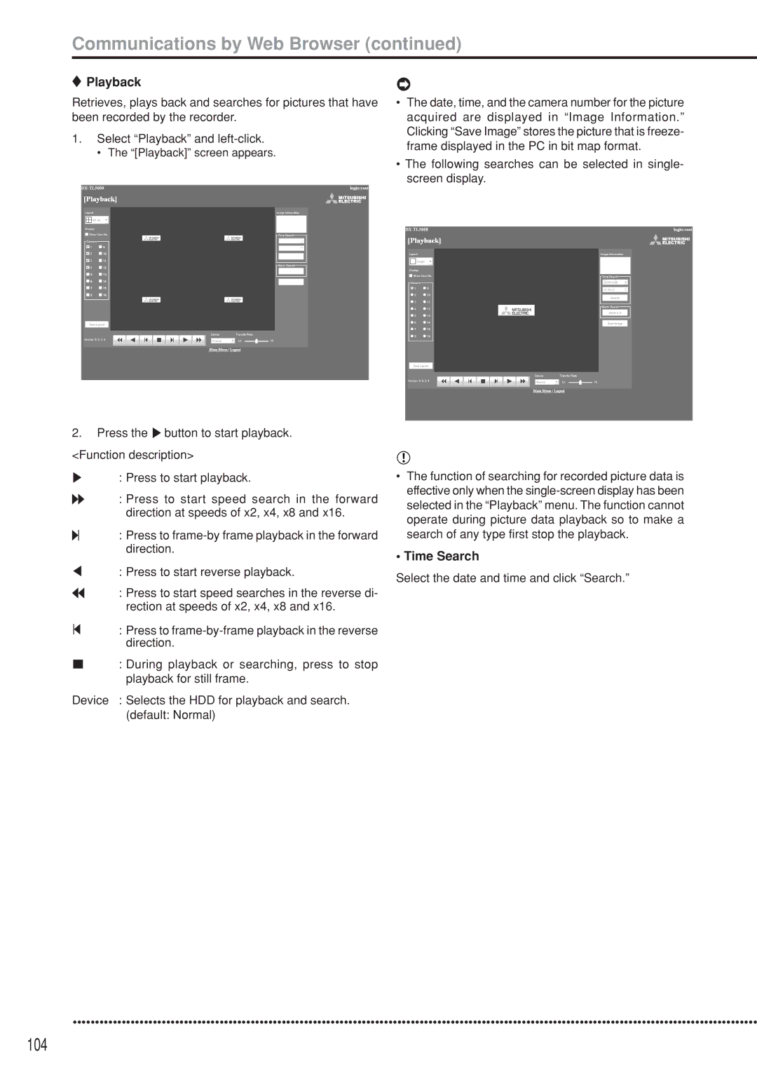 Mitsubishi Electronics DX-TL5000U instruction manual 104, Playback, Time Search, Select the date and time and click Search 