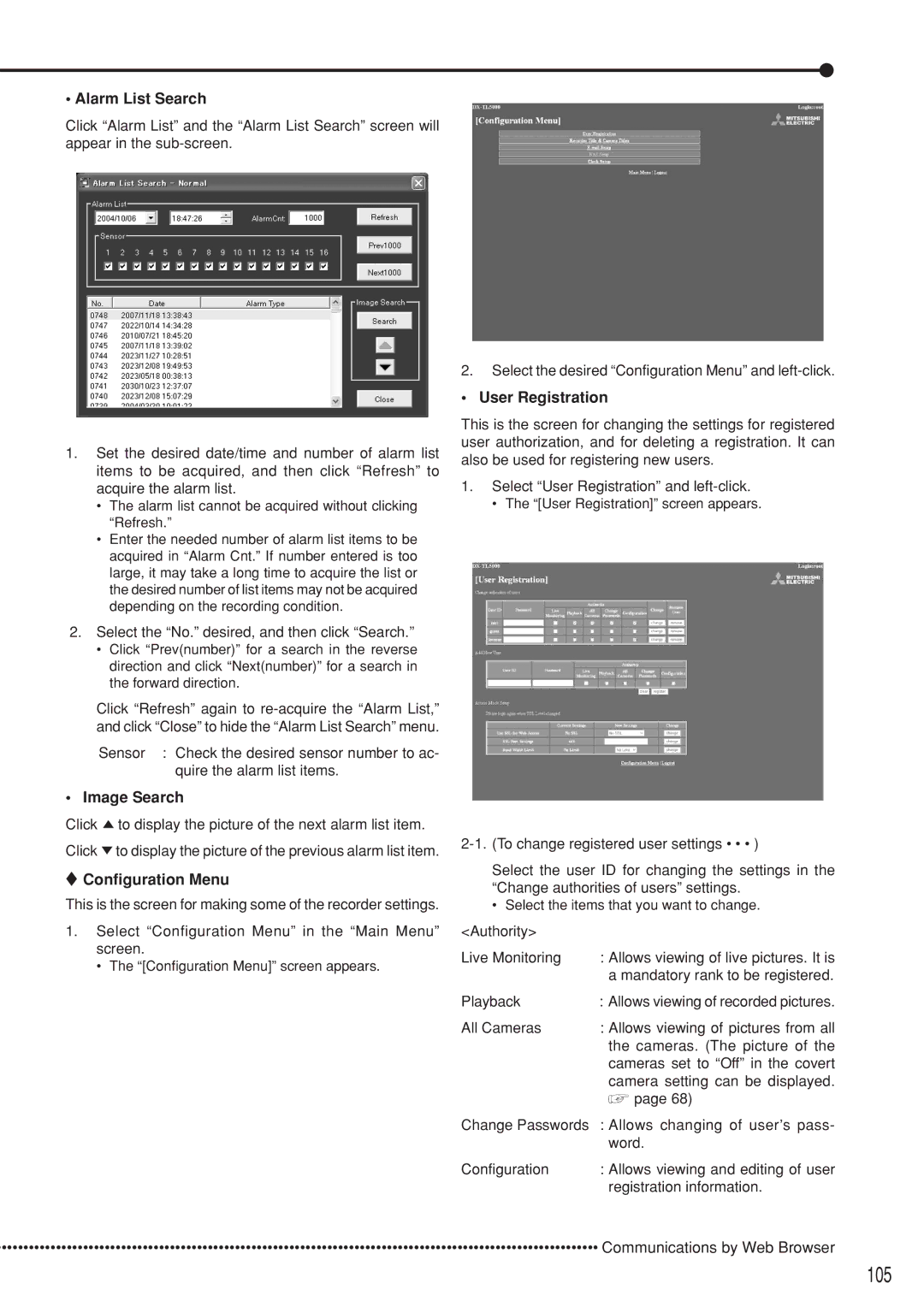 Mitsubishi Electronics DX-TL5000U 105, Alarm List Search, Image Search, Configuration Menu, User Registration 