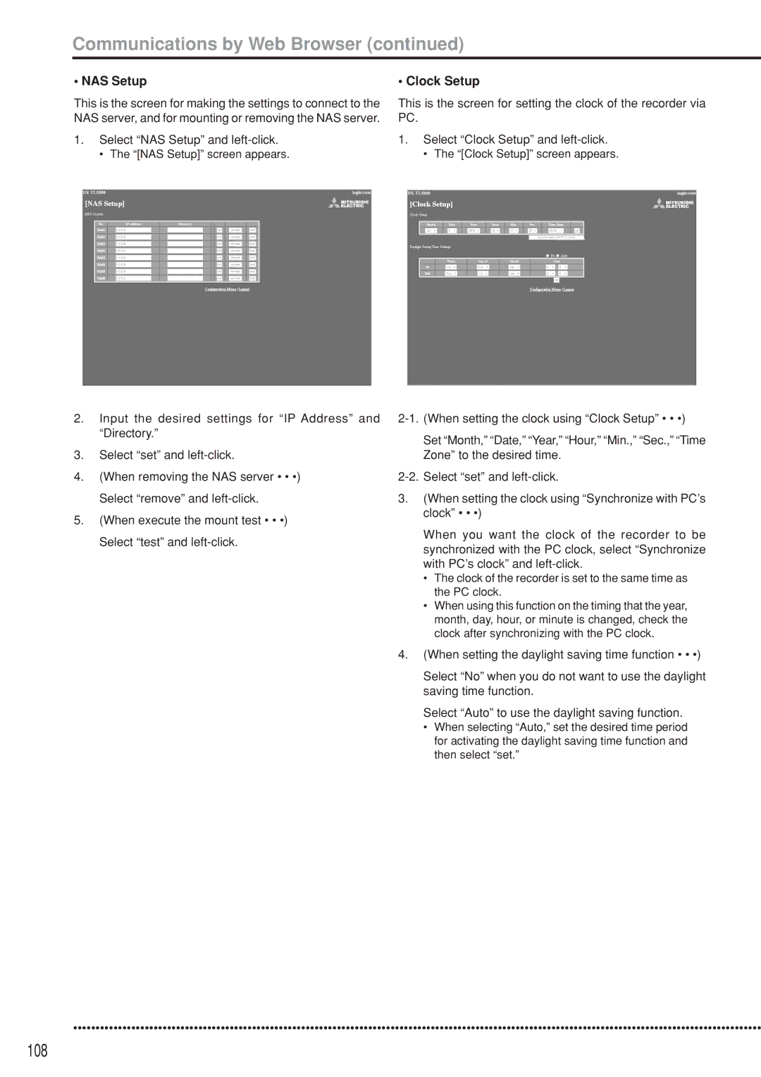 Mitsubishi Electronics DX-TL5000U instruction manual 108, Select NAS Setup and left-click, Clock Setup 