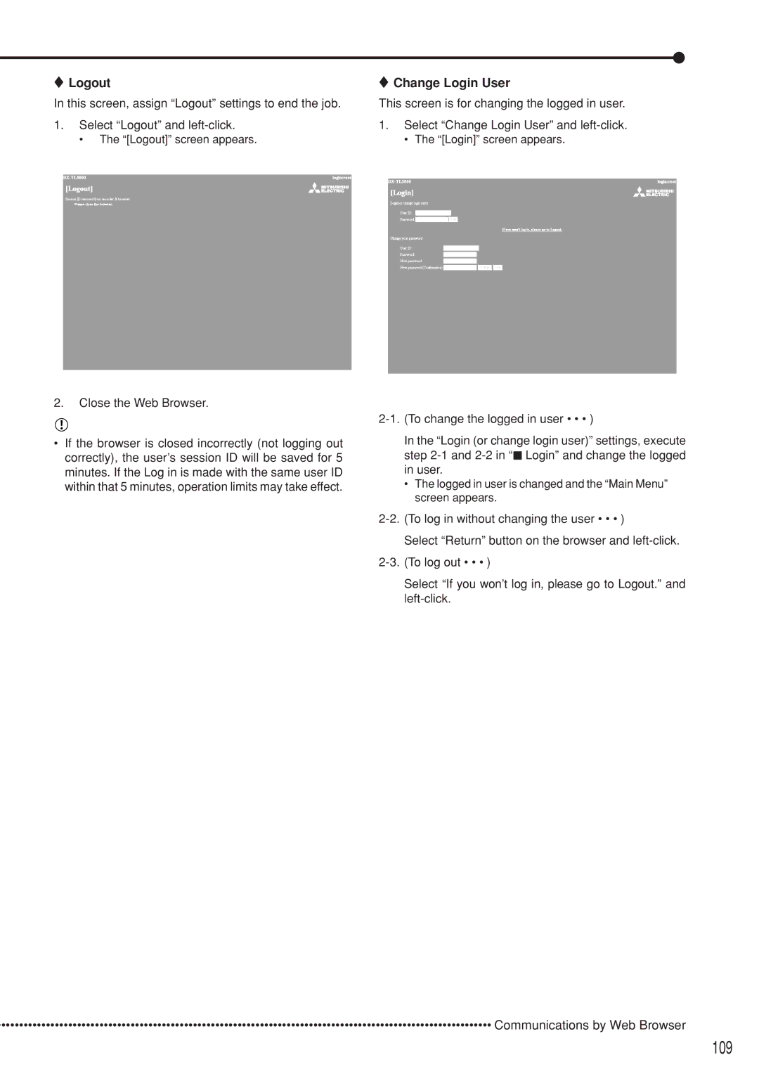 Mitsubishi Electronics DX-TL5000U instruction manual 109, Logout, Close the Web Browser, Change Login User 