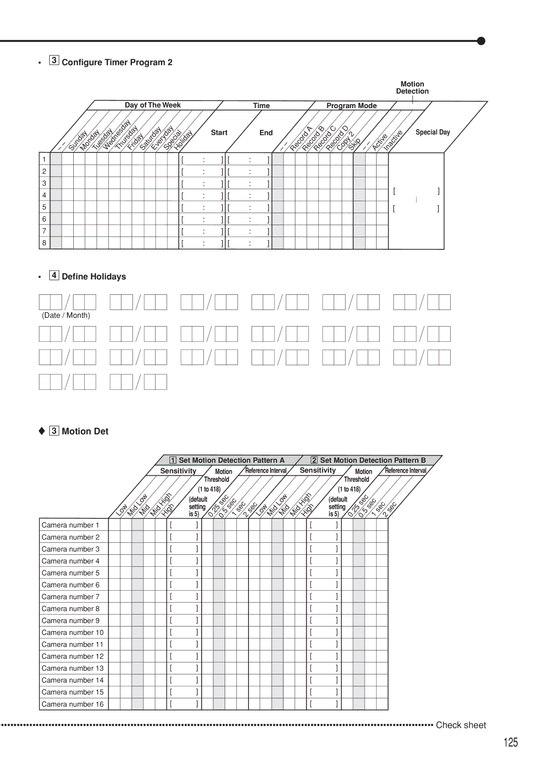 Mitsubishi Electronics DX-TL5000U instruction manual 125, Define Holidays, Motion Det, Default 