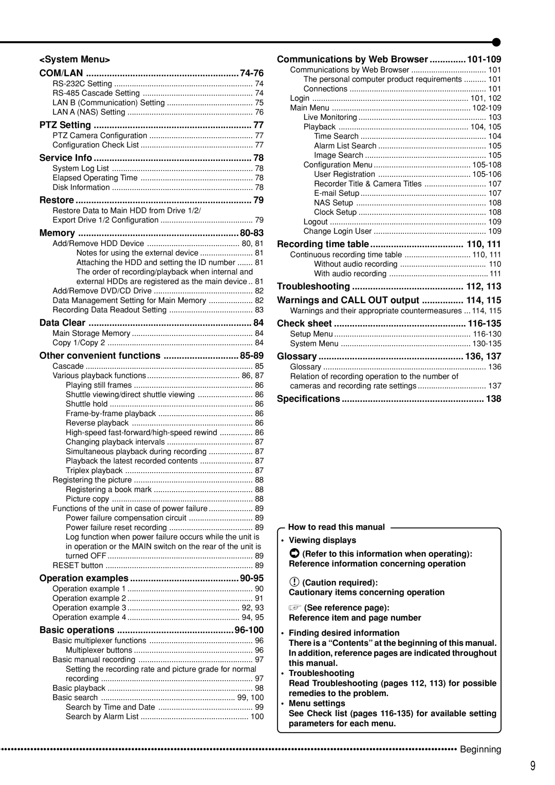 Mitsubishi Electronics DX-TL5000U System Menu, 74-76, 80-83, 85-89, 90-95, 96-100, 101-109, 110, 112, 114, 116-135, 136 