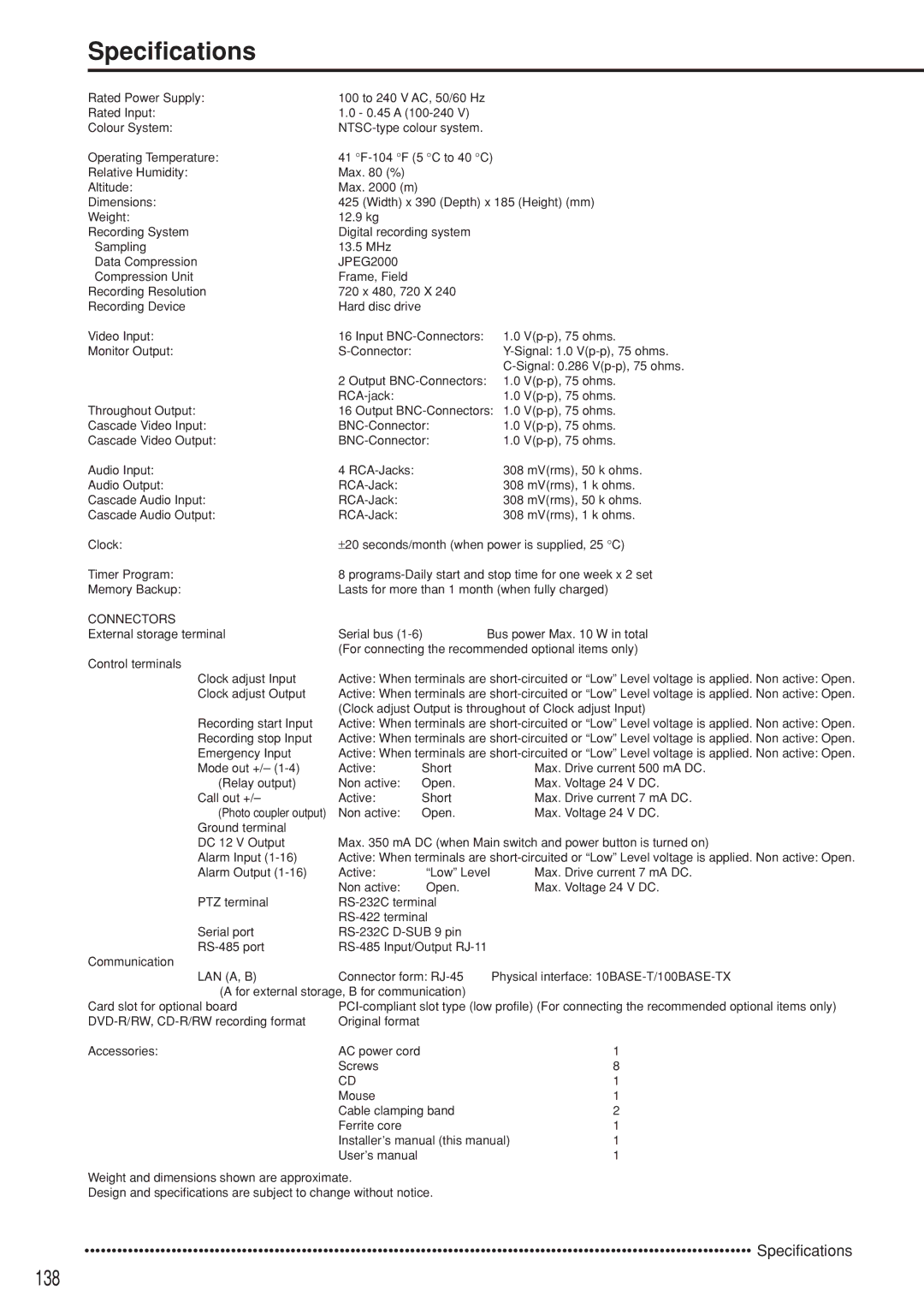 Mitsubishi Electronics DX-TL5000U instruction manual Specifications, 138 