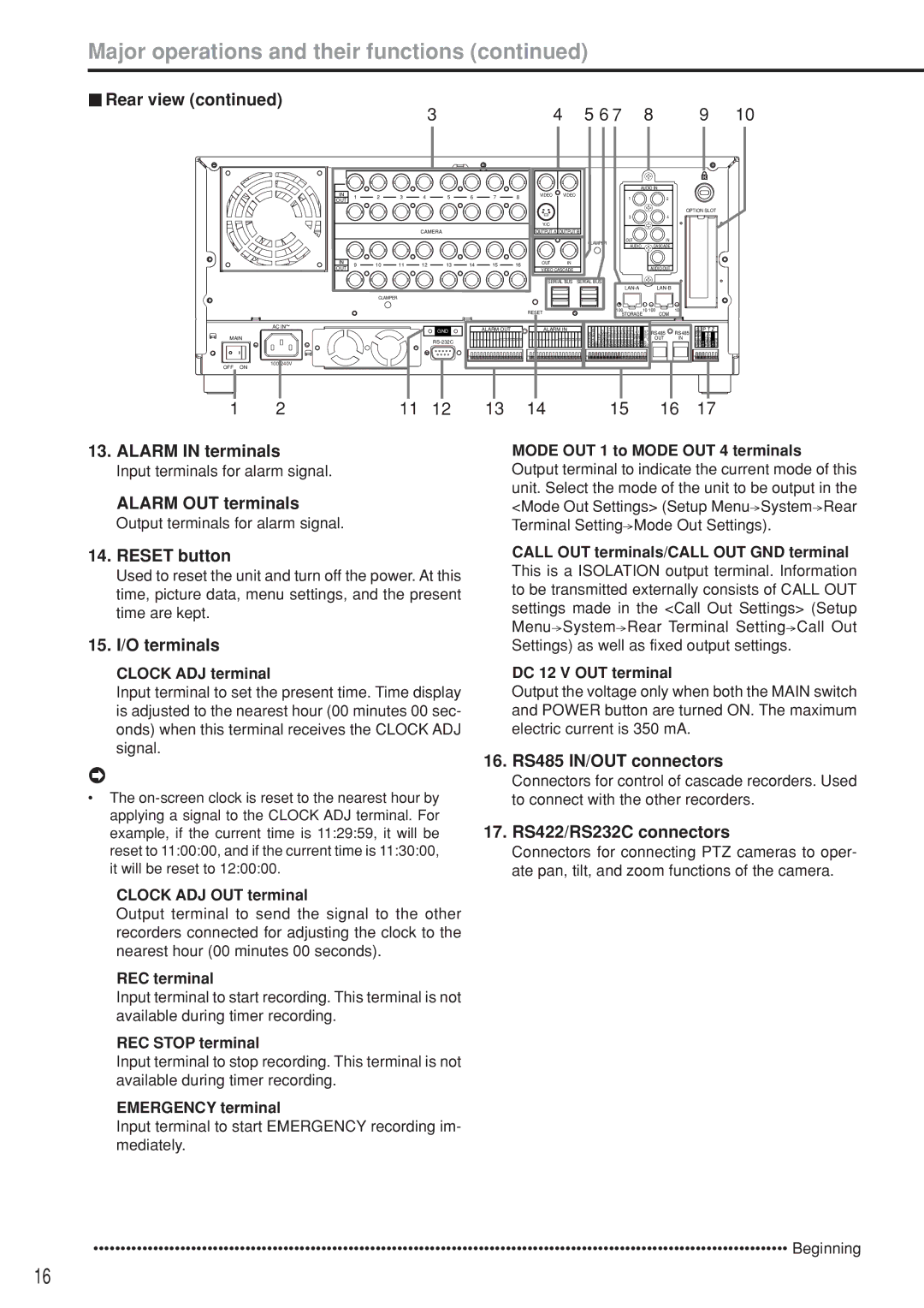 Mitsubishi Electronics DX-TL5000U Alarm in terminals, Alarm OUT terminals, Reset button, 15. I/O terminals 