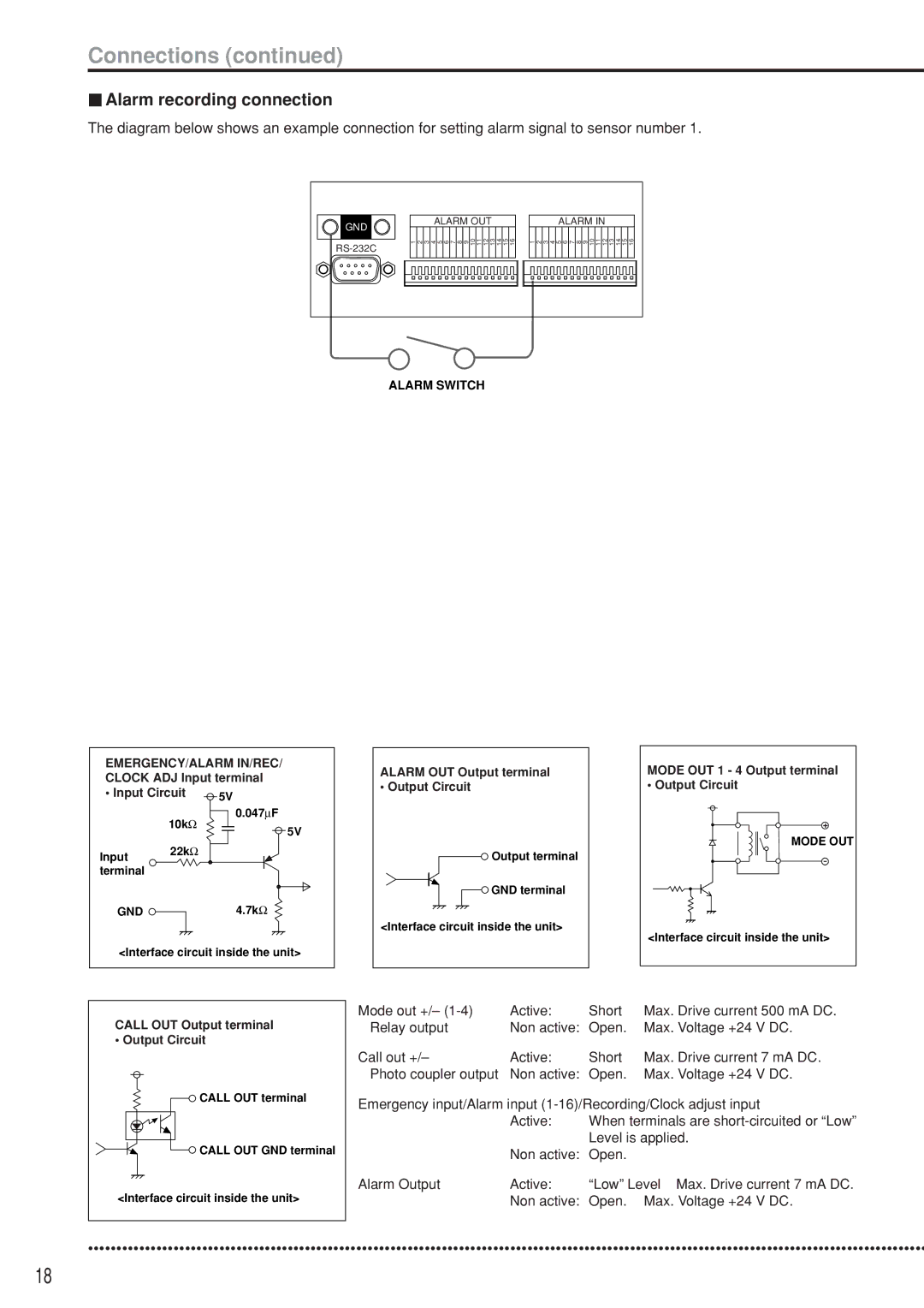 Mitsubishi Electronics DX-TL5000U instruction manual Alarm recording connection 