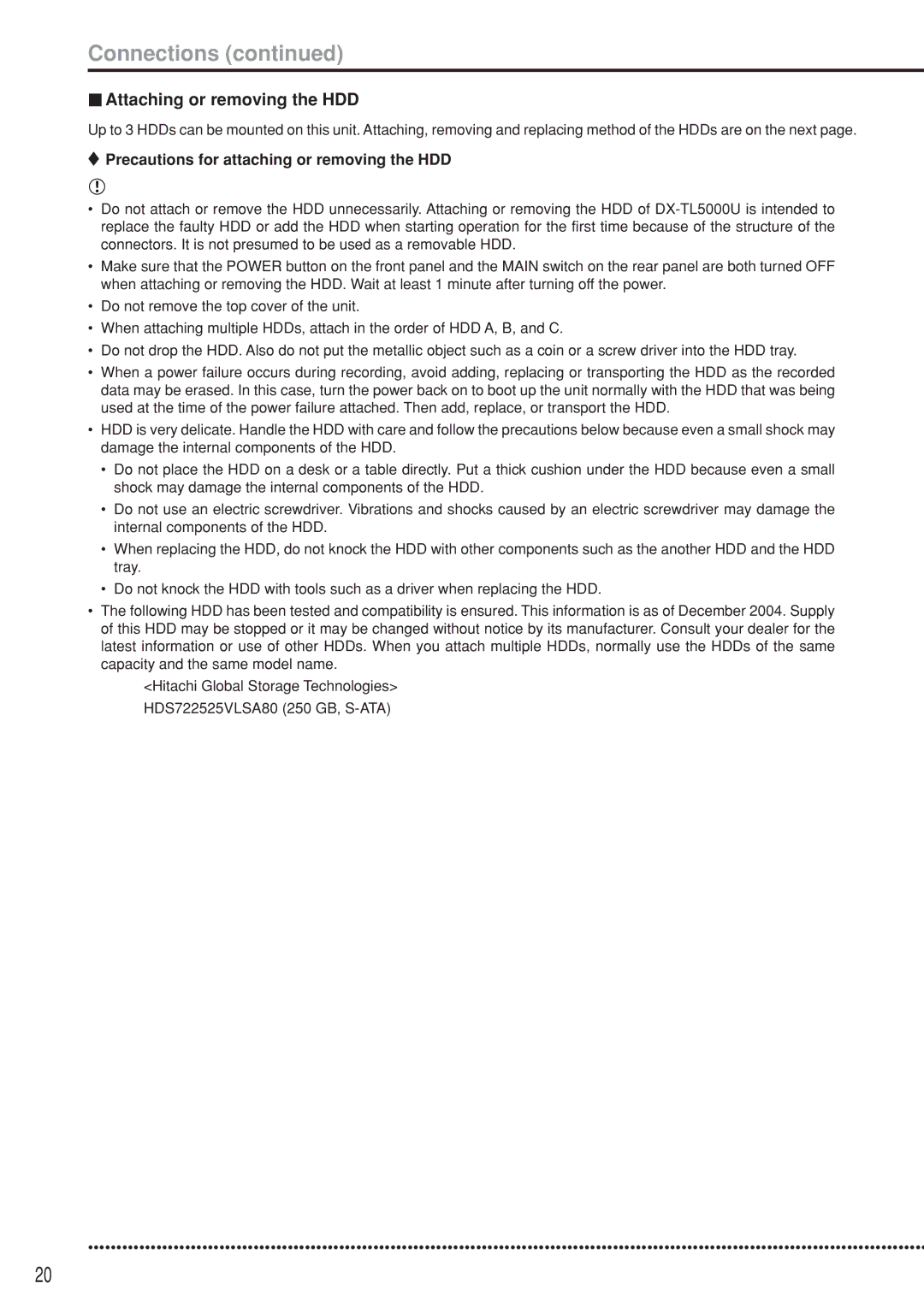 Mitsubishi Electronics DX-TL5000U Attaching or removing the HDD, Precautions for attaching or removing the HDD 