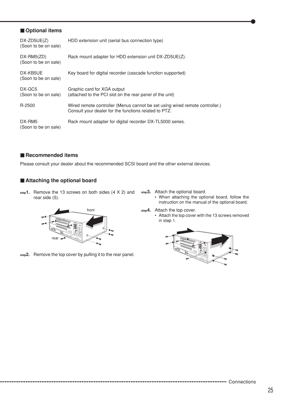 Mitsubishi Electronics DX-TL5000U instruction manual Optional items, Recommended items, Attaching the optional board 