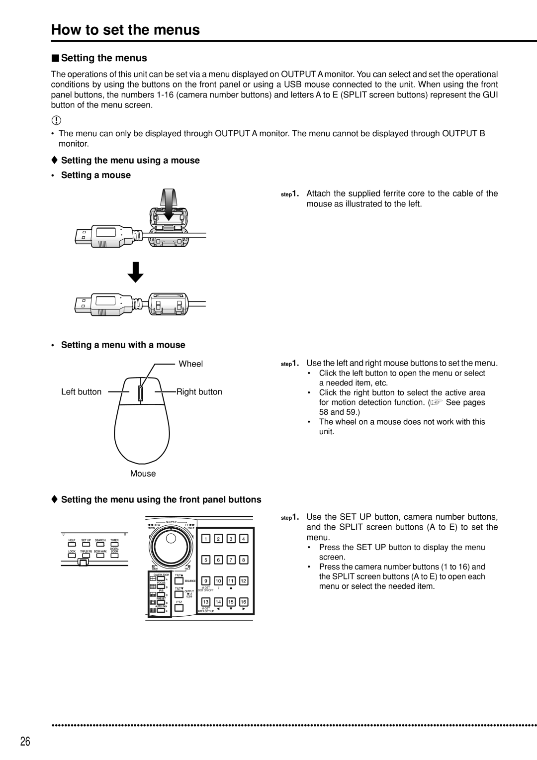 Mitsubishi Electronics DX-TL5000U How to set the menus, Setting the menus, Setting the menu using a mouse Setting a mouse 