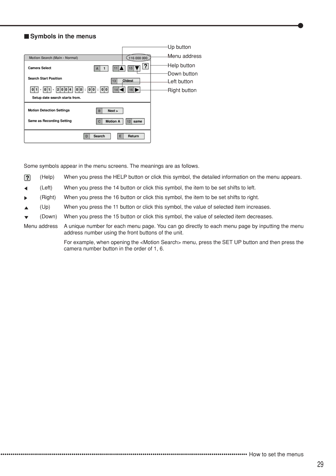 Mitsubishi Electronics DX-TL5000U Symbols in the menus, Address number using the front buttons of the unit 