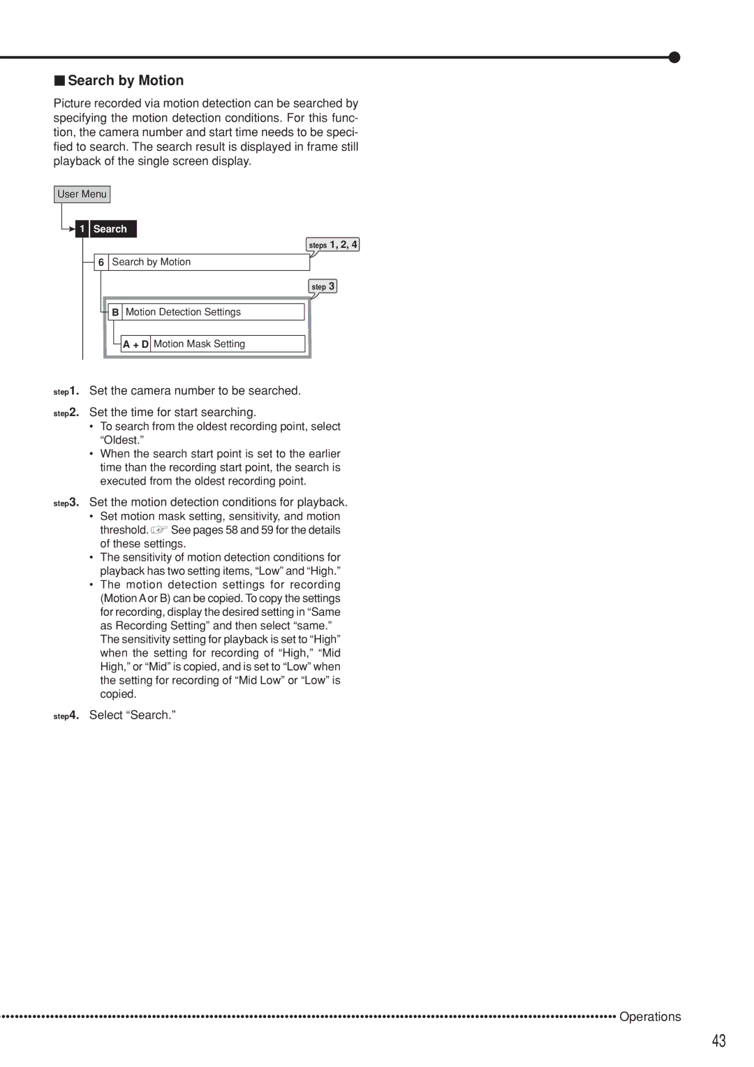 Mitsubishi Electronics DX-TL5000U Search by Motion, Set the motion detection conditions for playback, Steps 1, 2 