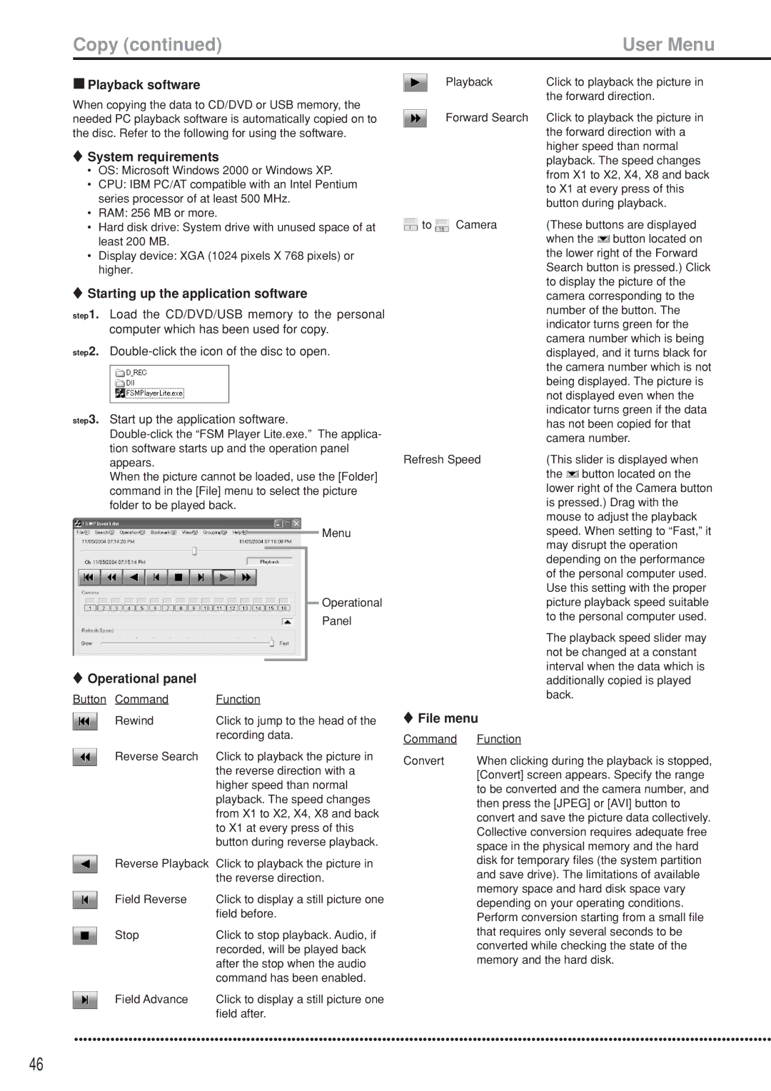 Mitsubishi Electronics DX-TL5000U Playback software, System requirements, Starting up the application software, File menu 