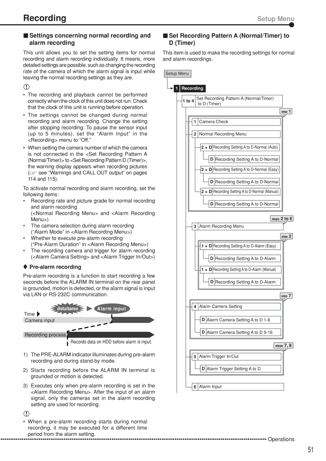 Mitsubishi Electronics DX-TL5000U Recording, Settings concerning normal recording and alarm recording, Pre-alarm recording 