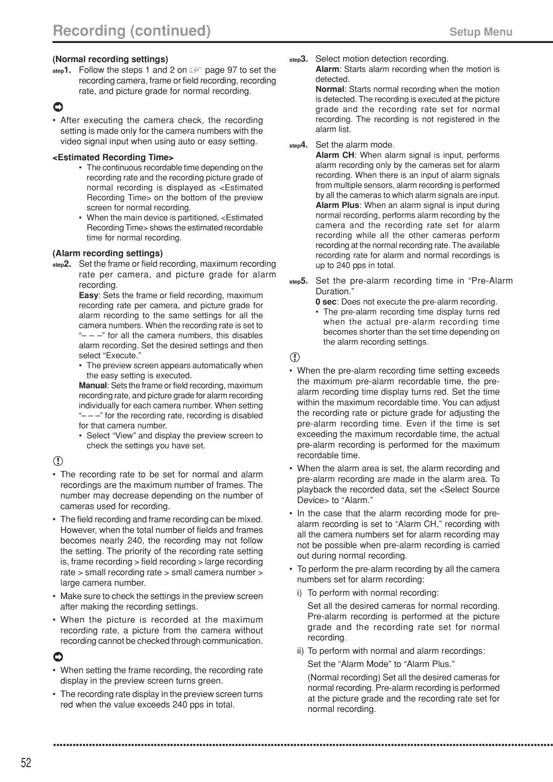 Mitsubishi Electronics DX-TL5000U Normal recording settings, Estimated Recording Time, Alarm recording settings 