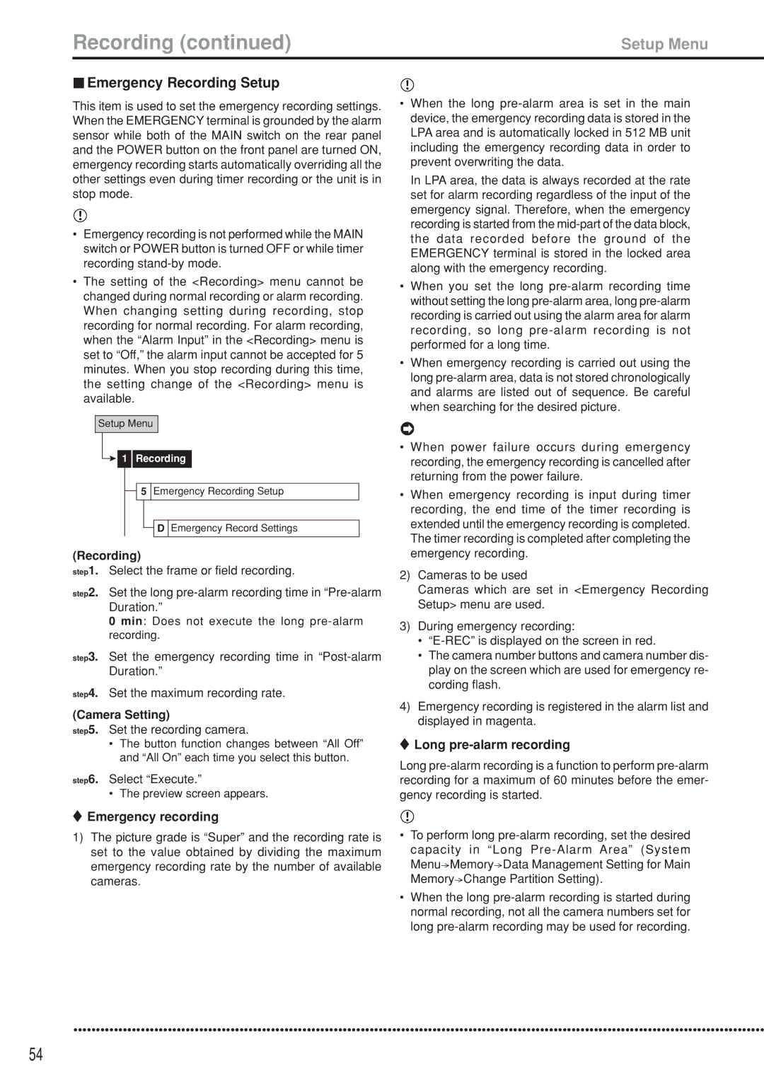 Mitsubishi Electronics DX-TL5000U Emergency Recording Setup, Camera Setting, Emergency recording, Long pre-alarm recording 