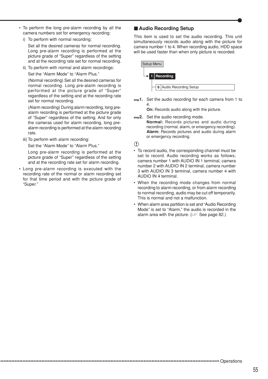 Mitsubishi Electronics DX-TL5000U Audio Recording Setup, Set the audio recording for each camera from 1 to 