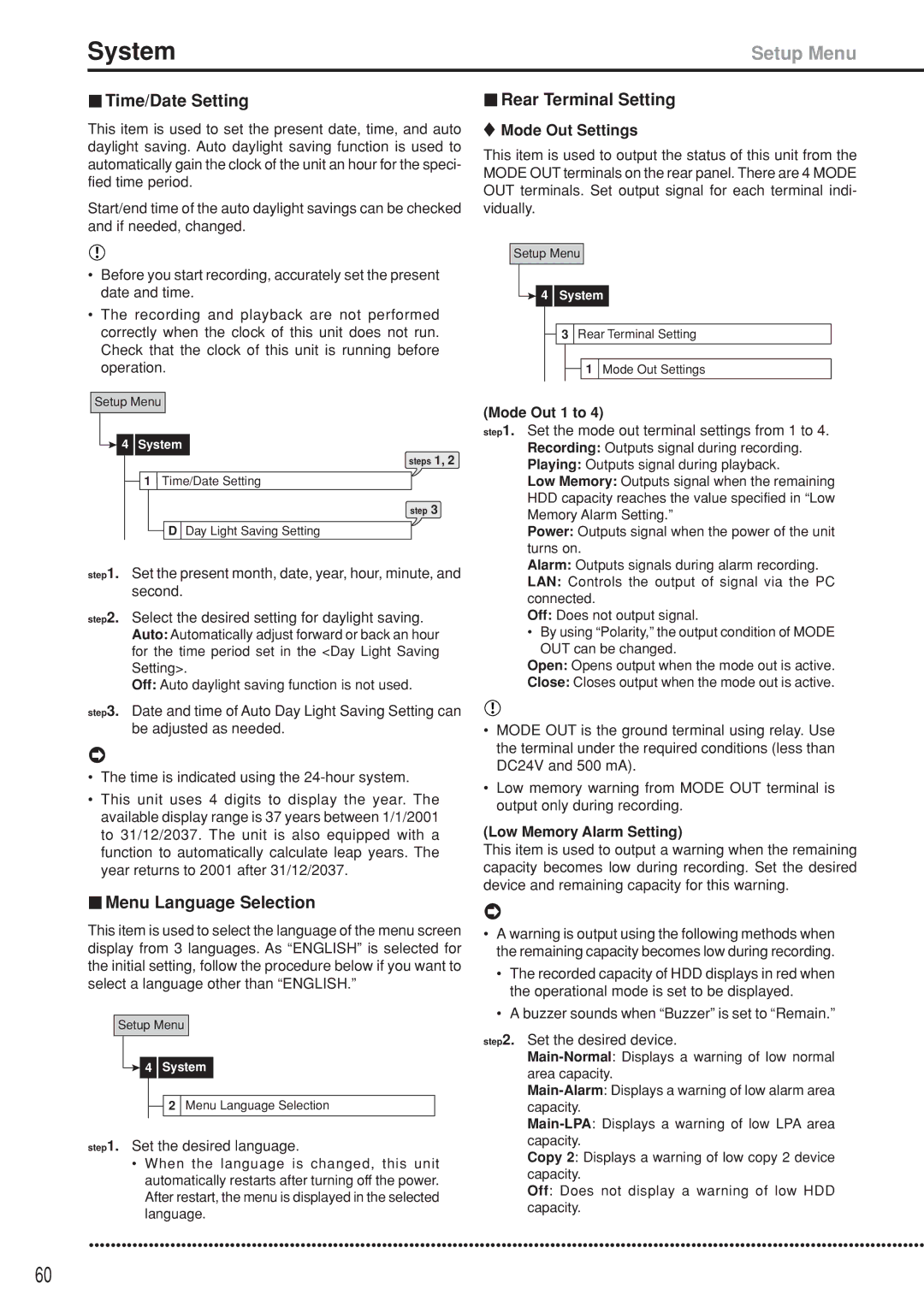 Mitsubishi Electronics DX-TL5000U System, Time/Date Setting, Rear Terminal Setting, Menu Language Selection 