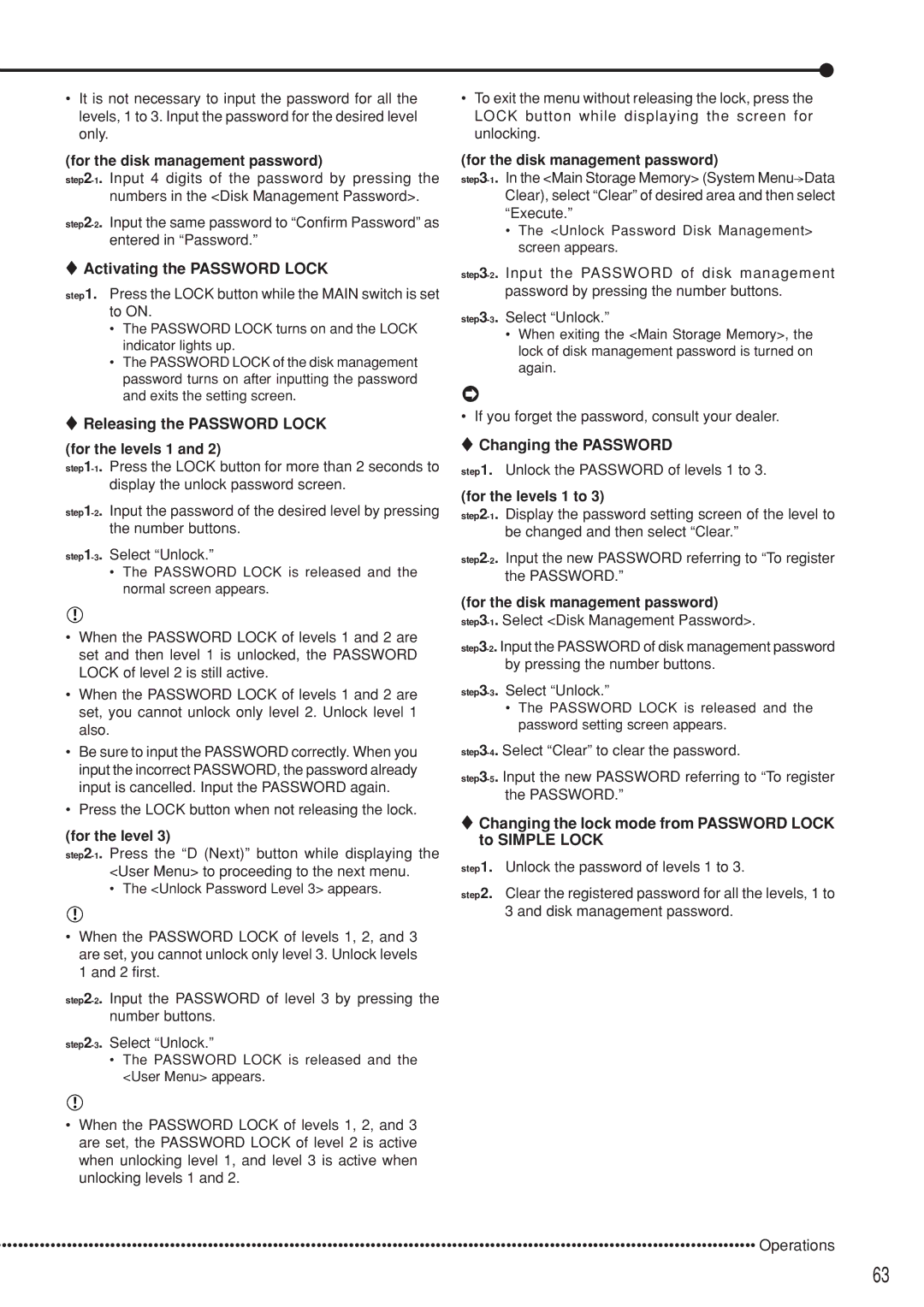 Mitsubishi Electronics DX-TL5000U For the disk management password, Activating the Password Lock, For the level 