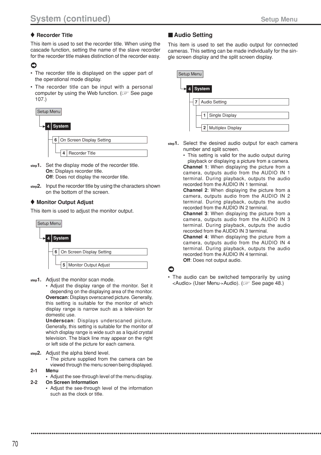 Mitsubishi Electronics DX-TL5000U instruction manual Audio Setting, Recorder Title, Monitor Output Adjust 