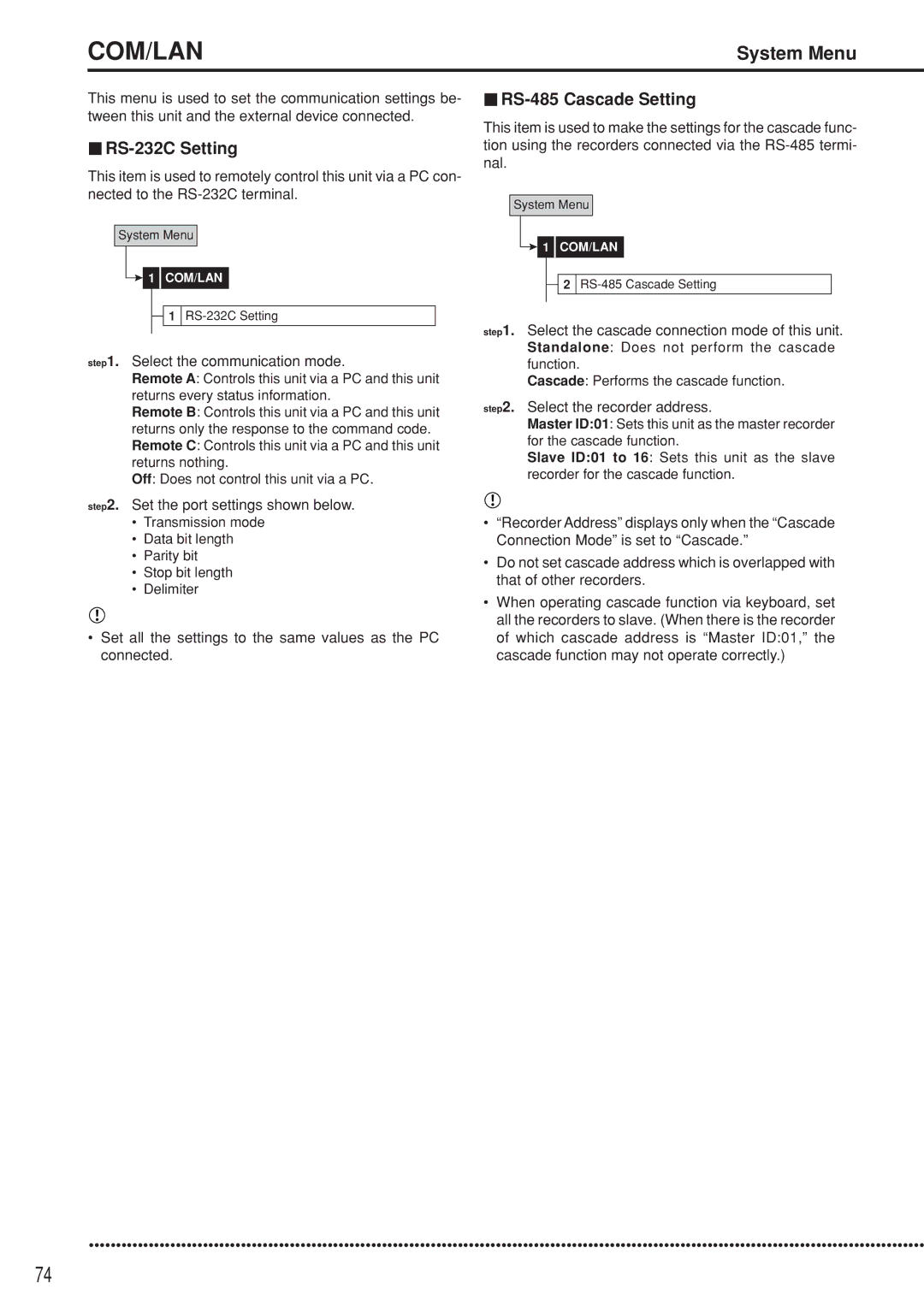 Mitsubishi Electronics DX-TL5000U instruction manual RS-232C Setting, RS-485 Cascade Setting 