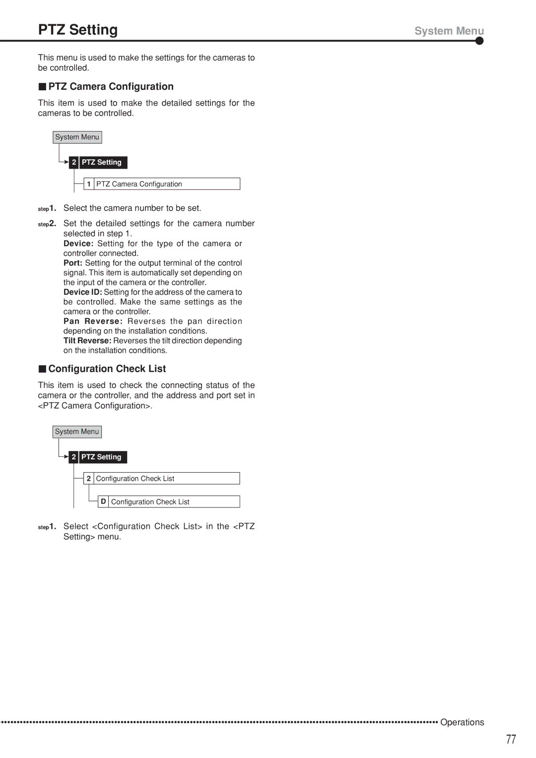 Mitsubishi Electronics DX-TL5000U instruction manual PTZ Setting, PTZ Camera Configuration, Configuration Check List 