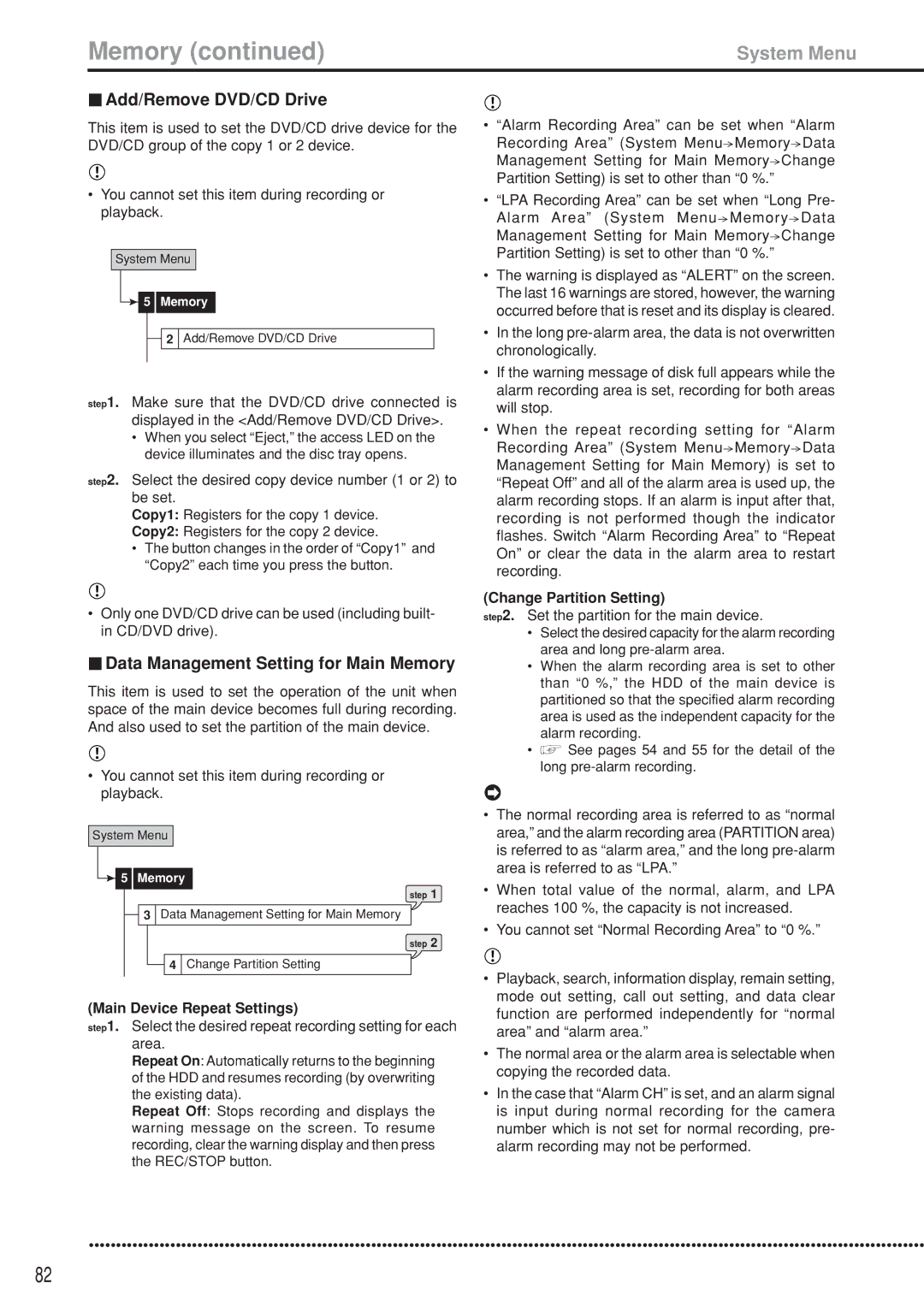 Mitsubishi Electronics DX-TL5000U instruction manual Add/Remove DVD/CD Drive, Data Management Setting for Main Memory 